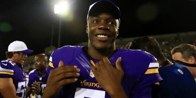 Minnesota Vikings quarterback Teddy Bridgewater walks off the field after defeating the Pittsburgh Steelers 14-3 at Tom Benson Hall of Fame Stadium in Canton, Ohio, on Sunday, August 9, 2015.