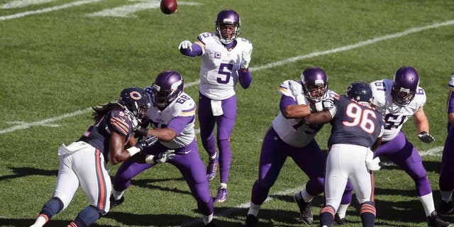 Minnesota Vikings quarterback Teddy Bridgewater throws a pass against the Chicago Bears during the first half of an NFL football game Sunday, Nov. 1, 2015, in Chicago.