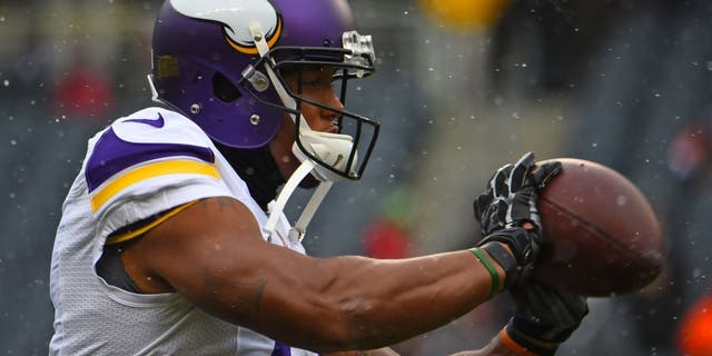 Nov 16, 2014; Chicago, IL, USA;Minnesota Vikings wide receiver Charles Johnson (12) practices before the game at Soldier Field. Mandatory Credit: Mike DiNovo-USA TODAY Sports
