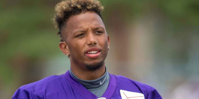 Jul 27, 2015; Mankato, MN, USA; Minnesota Vikings wide receiver Charles Johnson (12) walks to drills at training camp at Minnesota State University. Mandatory Credit: Bruce Kluckhohn-USA TODAY Sports