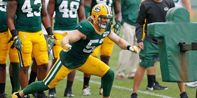Green Bay Packers inside linebacker Clay Matthews participates in drills during training camp, Thursday, July 28, in Green Bay, Wis.
