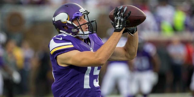 Minnesota Vikings wide receiver Isaac Fruechte catches a pass before the game Aug. 22, 2015, against the Oakland Raiders at TCF Bank Stadium.