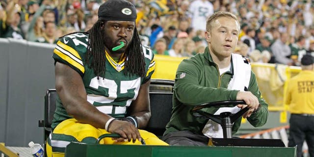 Green Bay Packers running back Eddie Lacy is carted off the field after being injured during an NFL football game against the Seattle Seahawks, Sunday, Sept. 20, 2015 at Lambeau Field in Green Bay, Wis.