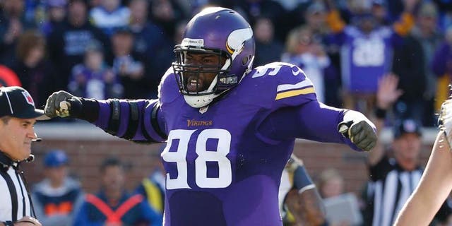 Minnesota Vikings defensive tackle Linval Joseph reacts after a play during the first half of an NFL football game against the St. Louis Rams on Sunday, Nov. 8, 2015, in Minneapolis.