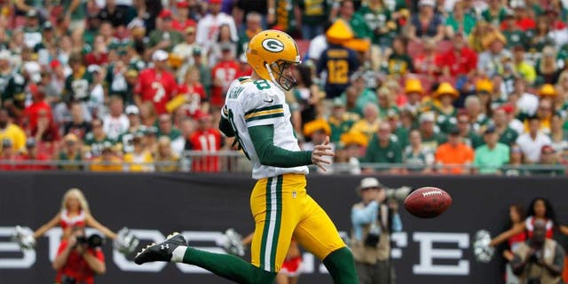 Green Bay Packers punter Tim Masthay punts the ball against the Tampa Bay Buccaneers during the first quarter at Raymond James Stadium on Dec. 21, 2014.