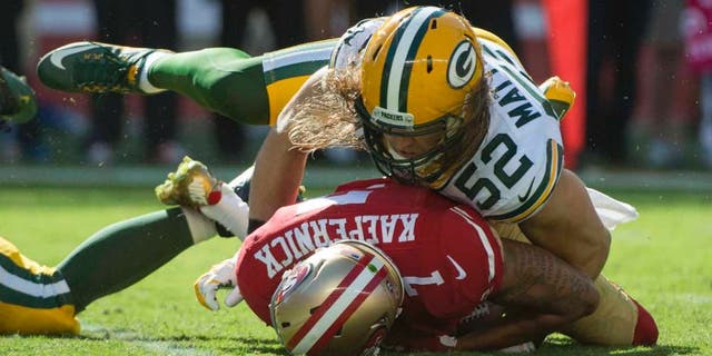 Green Bay Packers inside linebacker Clay Matthews sacks San Francisco 49ers quarterback Colin Kaepernick during the third quarter at Levi's Stadium in Santa Clara, Calif., on Sunday, Oct. 4, 2015.