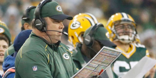 Green Bay Packers head coach Mike McCarthy calls a play during the first half against the Dallas Cowboys in Green Bay, Wis., on Sunday, Dec. 13, 2015.