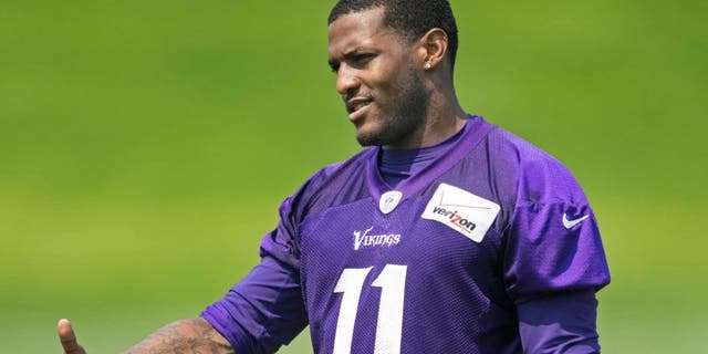 May 27, 2015; Eden Prairie, MN, USA; Minnesota Vikings wide receiver Mike Wallace (11) meets with the media after practice at Winter Park. Mandatory Credit: Bruce Kluckhohn-USA TODAY Sports