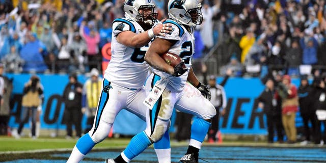 Jan 3, 2015; Charlotte, NC, USA; Carolina Panthers running back Jonathan Stewart (28) celebrates a touchdown with center Ryan Kalil (67) during the first quarter against the Arizona Cardinals in the 2014 NFC Wild Card playoff football game at Bank of America Stadium. Mandatory Credit: Bob Donnan-USA TODAY Sports