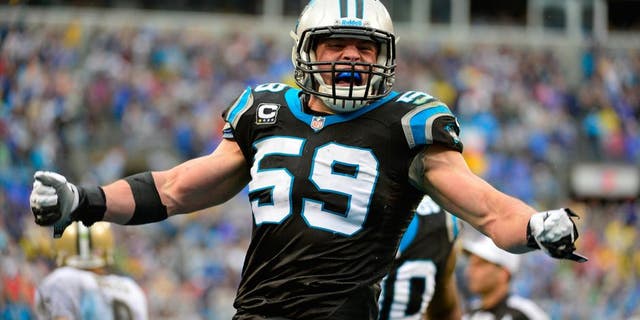 Carolina Panthers middle linebacker Luke Kuechly (59) reacts in the fourth quarter of a game vs. the New Orleans Saints on Dec. 22, 2013. The Panthers defeated the Saints 17-13 at Bank of America Stadium.<br>
(Bob Donnan-USA TODAY Sports)