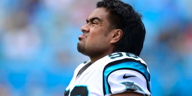 Sep 8, 2013; Charlotte, NC, USA; Carolina Panthers defensive tackle Star Lotulelei (98) on the field before the game. The Seahawks defeated the Panthers 12-7 at Bank of America Stadium. Mandatory Credit: Bob Donnan-USA TODAY Sports