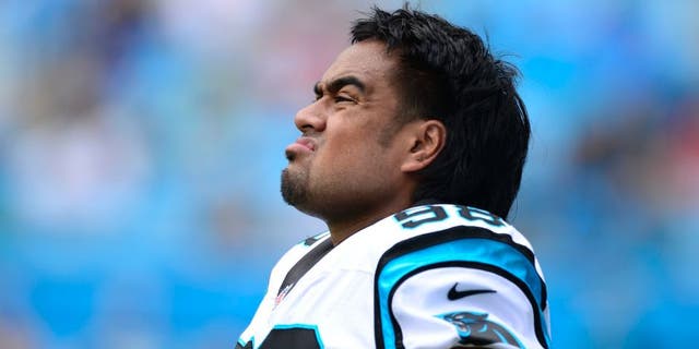 Sep 8, 2013; Charlotte, NC, USA; Carolina Panthers defensive tackle Star Lotulelei (98) on the field before the game. The Seahawks defeated the Panthers 12-7 at Bank of America Stadium. Mandatory Credit: Bob Donnan-USA TODAY Sports