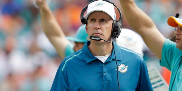 Miami Dolphins head coach Joe Philbin looks up at a play during the first half against the Minnesota Vikings.