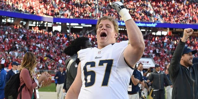 November 2, 2014; Santa Clara, CA, USA; St. Louis Rams guard Barrett Jones (67) celebrates during the fourth quarter against the San Francisco 49ers at Levi's Stadium. The Rams defeated the 49ers 13-10. Mandatory Credit: Kyle Terada-USA TODAY Sports