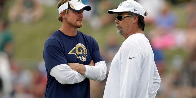 St. Louis Rams head coach Jeff Fisher, right, talks with Rams general manager Les Snead during training camp at the NFL football team's practice facility on Saturday, July 26, 2014, in St. Louis. (AP Photo/Jeff Roberson)