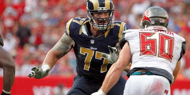 Sep 14, 2014; Tampa, FL, USA; St. Louis Rams tackle Jake Long (77) blocks against the Tampa Bay Buccaneers during the second half at Raymond James Stadium. St. Louis Rams defeated the Tampa Bay Buccaneers 19-17. Mandatory Credit: Kim Klement-USA TODAY Sports