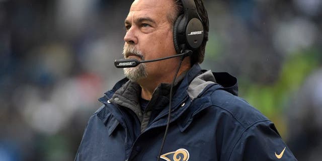 Dec 27, 2015; Seattle, WA, USA; St. Louis Rams head coach Jeff Fisher reacts during an NFL football game against the Seattle Seahawks at CenturyLink Field. Mandatory Credit: Kirby Lee-USA TODAY Sports
