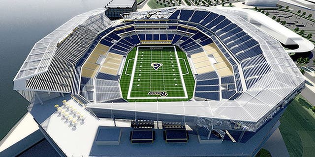 Missouri Governor Jay Nixonâs task force has released a new round of stadium and property renderings by HOK in St. Louis on March 2, 2015. The new renderings reflect input received over the past seven weeks from the NFL and St. Louis Rams, as well as stakeholders in the project including Ameren, the Terminal Railroad Association, the U.S. Army Corps of Engineers and others. The task force is developing plans for an open-air NFL stadium project on the North Riverfront of downtown St. Louis that could be the new home for the Rams, as well as related enhancements to the Edward Jones Dome and Americaâs Center convention facility. Rendering by HOK/UPI