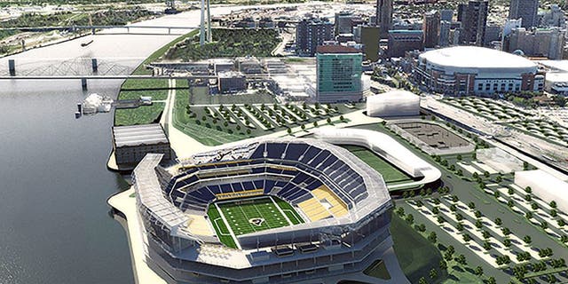 Missouri Governor Jay Nixonâs task force has released a new round of stadium and property renderings by HOK in St. Louis on March 2, 2015. The new renderings reflect input received over the past seven weeks from the NFL and St. Louis Rams, as well as stakeholders in the project including Ameren, the Terminal Railroad Association, the U.S. Army Corps of Engineers and others. The task force is developing plans for an open-air NFL stadium project on the North Riverfront of downtown St. Louis that could be the new home for the Rams, as well as related enhancements to the Edward Jones Dome and Americaâs Center convention facility. Rendering by HOK/UPI