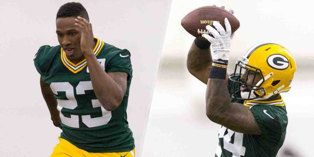 Green Bay Packers first-round draft pick Damarious Randall (left) and second-round pick Quinten Rollins run through drills during rookie minicamp Friday in Green Bay, Wis.