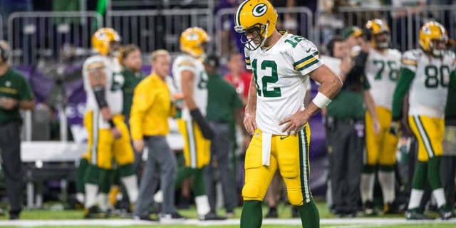 Green Bay Packers quarterback Aaron Rodgers reacts during the third quarter against the Minnesota Vikings at U.S. Bank Stadium. The Vikings defeated the Packers 17-14.