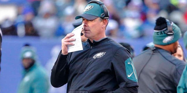 Philadelphia Eagles interim head coach Pat Shurmur looks on from the sidelines during a game against the New York Giants at MetLife Stadium in East Rutherford, N.J., on Jan. 3, 2016. The Eagles won 35-30.