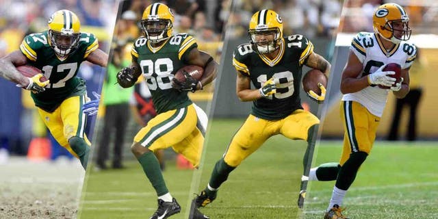 Four Green Bay Packers wide receivers who could see more action after preseason injuries to Jordy Nelson and Randall Cobb: from left to right, Davante Adams, Ty Montgomery, Myles White and Jeff Janis.