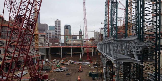 Construction of the new Minnesota Vikings stadium progresses in April 2015.