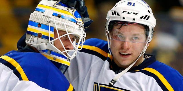Dec 22, 2015; Boston, MA, USA; St. Louis Blues right wing Vladimir Tarasenko (91) congratulates goalie Jake Allen (34) after the St. Louis Blues shutout the Boston Bruins 2-0 at TD Garden. Mandatory Credit: Winslow Townson-USA TODAY Sports