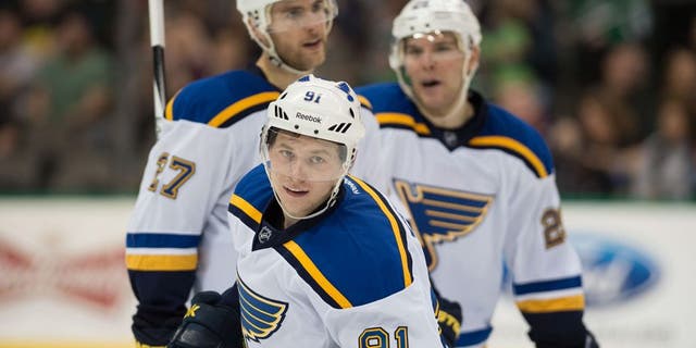 Mar 15, 2015; Dallas, TX, USA; St. Louis Blues right wing Vladimir Tarasenko (91) and defenseman Alex Pietrangelo (27) and left wing Alexander Steen (20) celebrate the goal by Tarasenko against the Dallas Stars during the third period at the American Airlines Center. The Blues shut out the Stars 3-0. Mandatory Credit: Jerome Miron-USA TODAY Sports