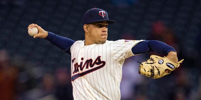 Apr 27, 2016; Minneapolis, MN, USA; Minnesota Twins starting pitcher Jose Berrios (17) delivers a pitch in the first inning against the Cleveland Indians at Target Field. Mandatory Credit: Jesse Johnson-USA TODAY Sports