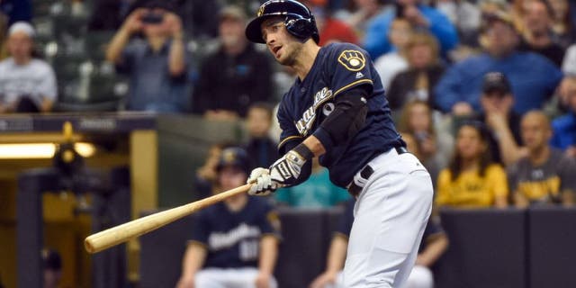 Milwaukee Brewers left fielder Ryan Braun (8) hits a double in the first inning against the Los Angeles Angels.