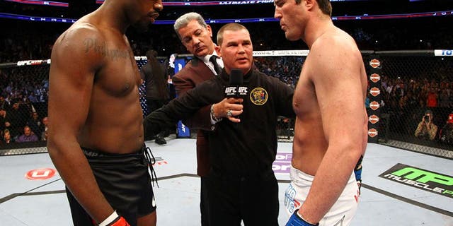NEWARK, NJ - APRIL 27: Jon Jones and Chael Sonnen face off before their light heavyweight championship bout during the UFC 159 event at the Prudential Center on April 27, 2013 in Newark, New Jersey. (Photo by Al Bello/Zuffa LLC/Zuffa LLC Via Getty Images)