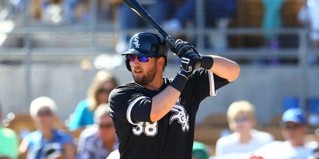Mar 4, 2015; Phoenix, AZ, USA; Chicago White Sox infielder Andy Wilkins against the Los Angeles Dodgers during a spring training baseball game at Camelback Ranch. Mandatory Credit: Mark J. Rebilas-USA TODAY Sports