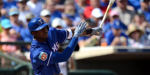 Mar 3, 2016; Surprise, AZ, USA; Texas Rangers center fielder Lewis Brinson (70) swings at a pitch during the second inning against the Kansas City Royals at Surprise Stadium. Mandatory Credit: Joe Camporeale-USA TODAY Sports