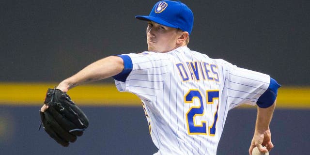 Apr 22, 2016; Milwaukee, WI, USA; Milwaukee Brewers pitcher Zach Davies (27) throws a pitch during the first inning against the Philadelphia Phillies at Miller Park. Mandatory Credit: Jeff Hanisch-USA TODAY Sports