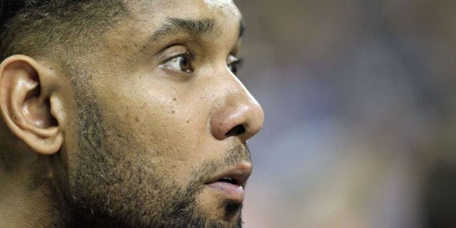Apr 22, 2016; Memphis, TN, USA; San Antonio Spurs center Tim Duncan looks on in the fourth quarter against the Memphis Grizzlies in game three of the first round of the NBA Playoffs at FedExForum. Spurs defeated Grizzlies 96-87. Mandatory Credit: Nelson Chenault-USA TODAY Sports
