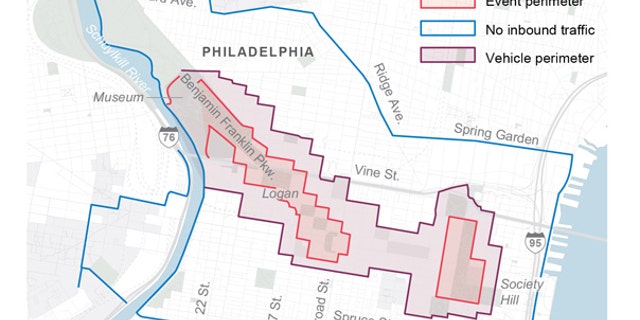 HOLD FOR RELEASE WITH STORY SUNDAY AUG. 16: Map shows security zone for the Pope’s visit.; 2c x 3 inches; 96.3 mm x 76 mm;
