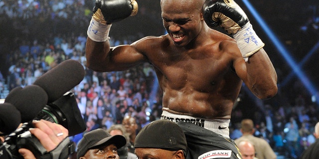 June 9, 2012: Timothy Bradley, from Palm Springs, Calif., reacts to his split decision victory over Manny Pacquiao, from the Philippines, in their WBO welterweight title fight.