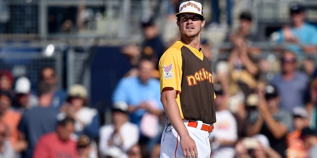 SAN DIEGO, CA - JULY 11: Wil Myers #4 of the San Diego Padres competes in the T-Mobile Home Run Derby at PETCO Park on July 11, 2016 in San Diego, California. (Photo by Denis Poroy/Getty Images)
