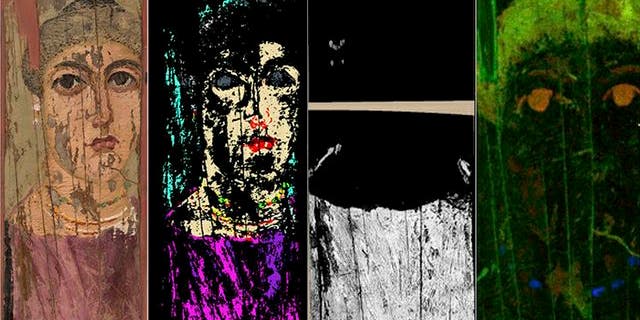 The original Egyptian painting (left) next to images produced using hyperspectral reflectance, luminescence and X-ray fluorescence.