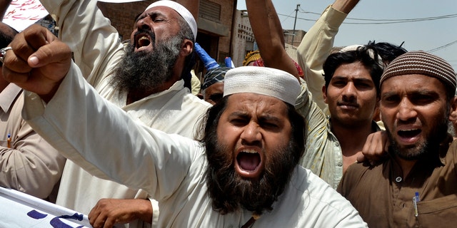 May 17, 2012: Pakistani protesters shout anti-American slogans at a rally to condemn to the reopening of the NATO supply line to neighboring Afghanistan, in Multan, Pakistan.