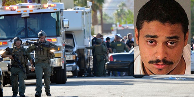 Riverside Country Sheriffs Deputies stand near the scene of a shooting in Palm Springs, Calif., Saturday, Oct. 8, 2016. Insert: Photo released by the Riverside Country Sheriff's Department shows suspect John Felix. (AP/Riverside County Sheriff's Department via AP)