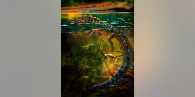 An artistic interpretation of an adult philydrosaurus caring for its young.