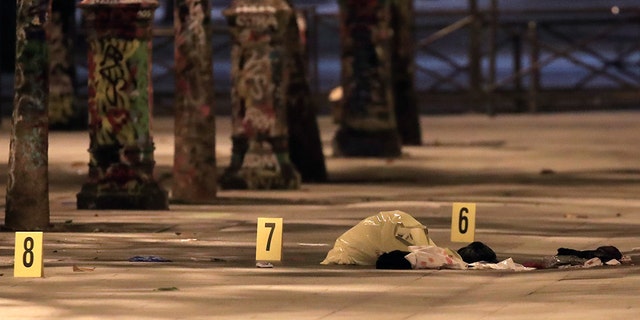 vidences are seen on the pavement after seven people were wounded in knife attack downtown Paris, France, September 10, 2018. REUTERS