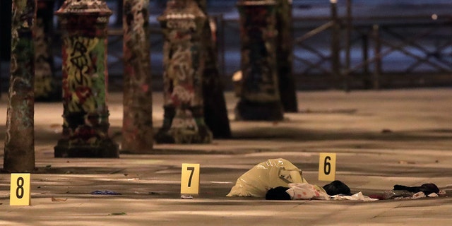 vidences are seen on the pavement after seven people were wounded in knife attack downtown Paris, France, September 10, 2018. REUTERS
