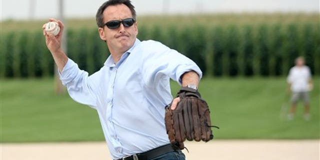 Friday: Republican presidential candidate Tim Pawlenty throws a pitch at the Field of Dreams in Dyersville, Iowa during a break between campaign stops.