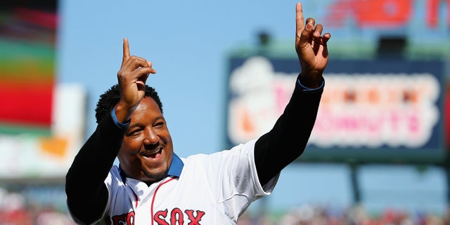 BOSTON, MA - APRIL 13:  Pedro Martinez waves to the crowd at Fenway Park before the game between the Boston Red Sox and the Washington Nationals on April 13, 2015 in Boston, Massachusetts.  (Photo by Maddie Meyer/Getty Images)