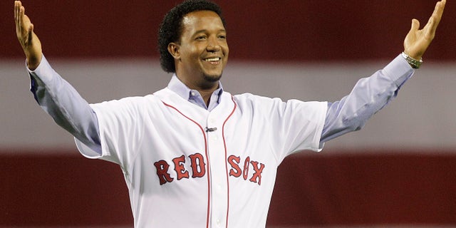 Pedro Martinez greets the Boston crowd on April 4, 2010.