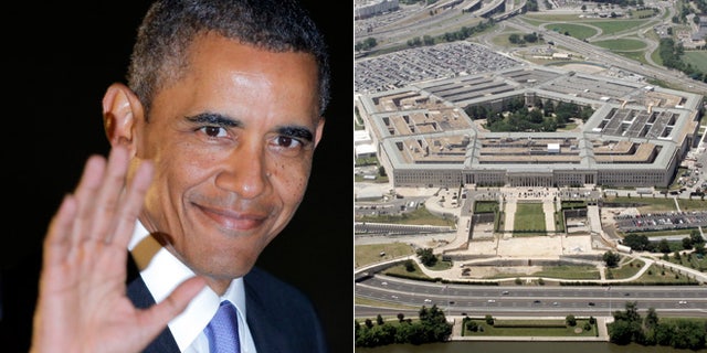 This split photo shows President Barack Obama, left, and the Pentagon, right.
